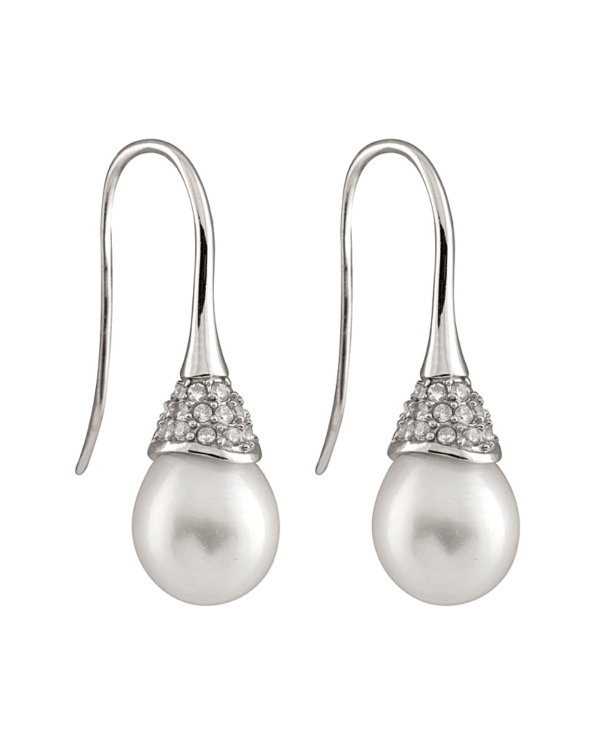 Splendid Pearls Rhodium Plated Silver 9-9.5mm Pearl & Cz Drop Earrings