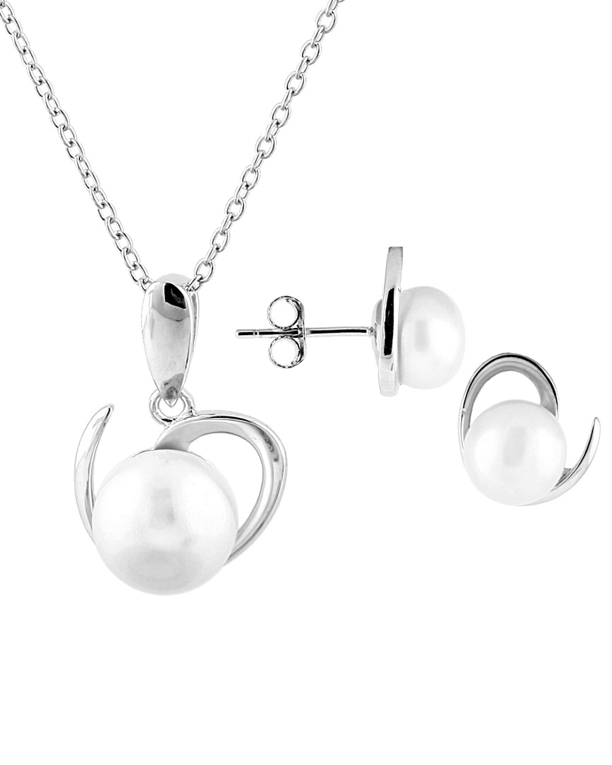 Splendid Pearls Rhodium Plated Silver 7.5-9mm Freshwater Pearl Earrings & Necklace Set