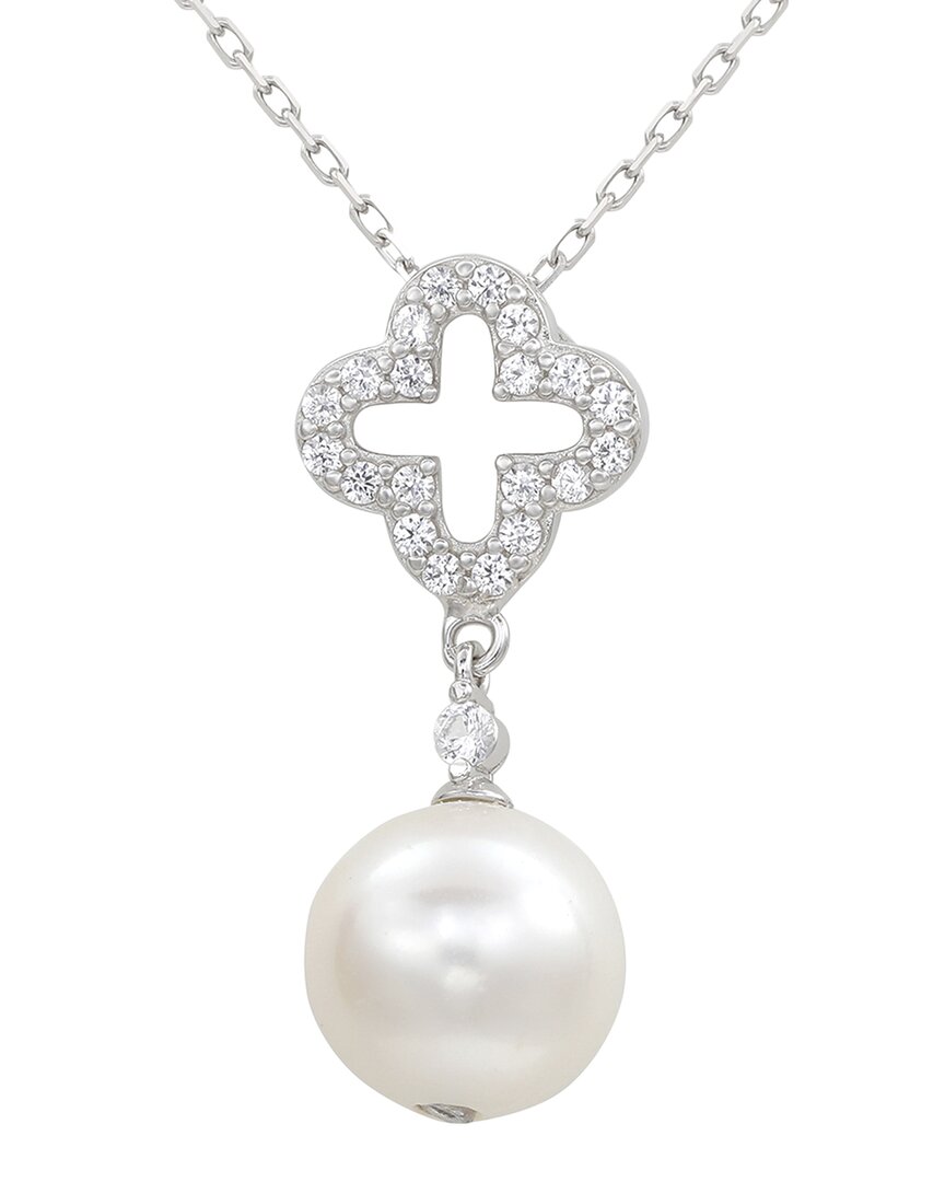 Suzy Levian Silver Sapphire 10mm Pearl Clover Pendant Necklace