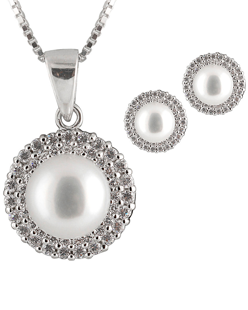 Splendid Pearls Silver 9-9.5mm Freshwater Pearl & Cz Drop Earrings & Necklace Set