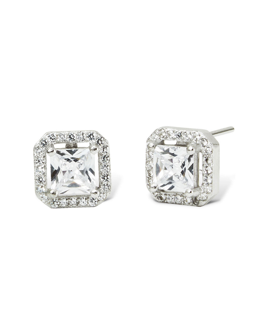 Savvy Cie Rhodium Plated Silver Cz Asscher Cut Halo Studs