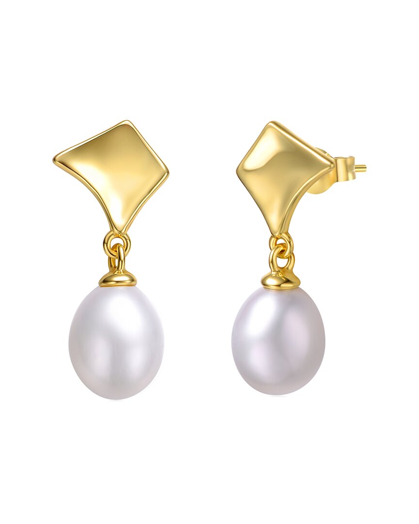 Genevive Sterling Silver 14k Yellow Gold With White Freshwater Pearl Drop Geometric Shield Retro Dangle Earri