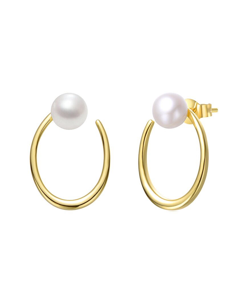 Genevive Sterling Silver 14k Yellow Gold Plated With White Pearl Oblong Oval Halo Hoop Dangle Earrings