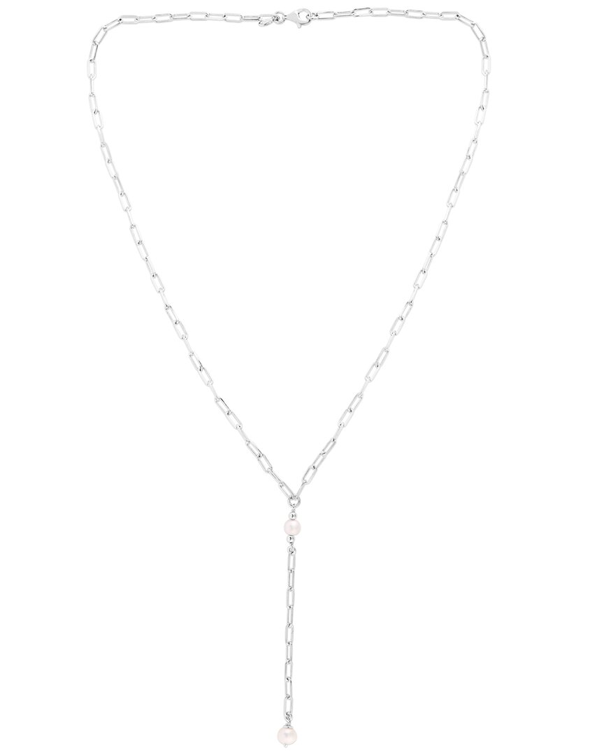 Italian Silver 3-4mm Pearl Paperclip Link Lariat Necklace