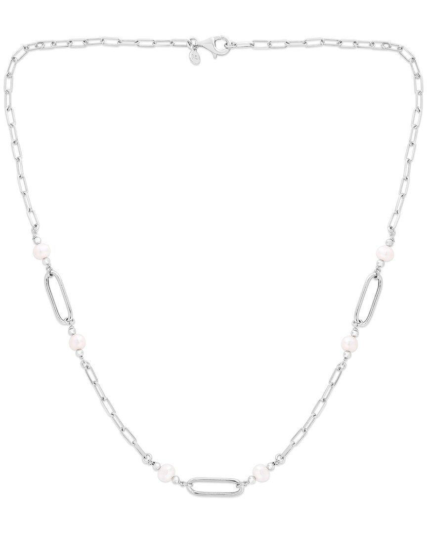 Italian Silver 3-4mm Pearl Paperclip Link Station Necklace