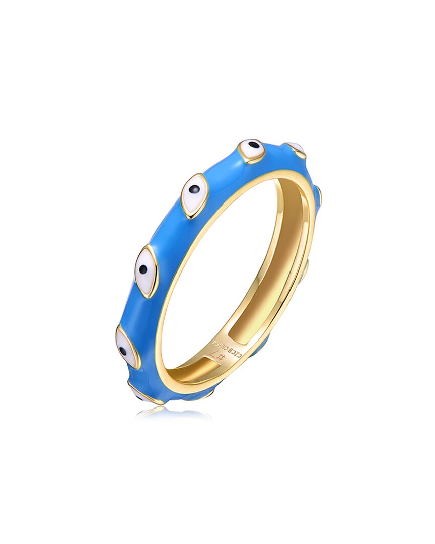 Rachel Glauber Ra Young Adults/teens 14k Yellow Gold Plated Blue Bamboo White Evil Eye Enamel Slim Stacking Band Ri