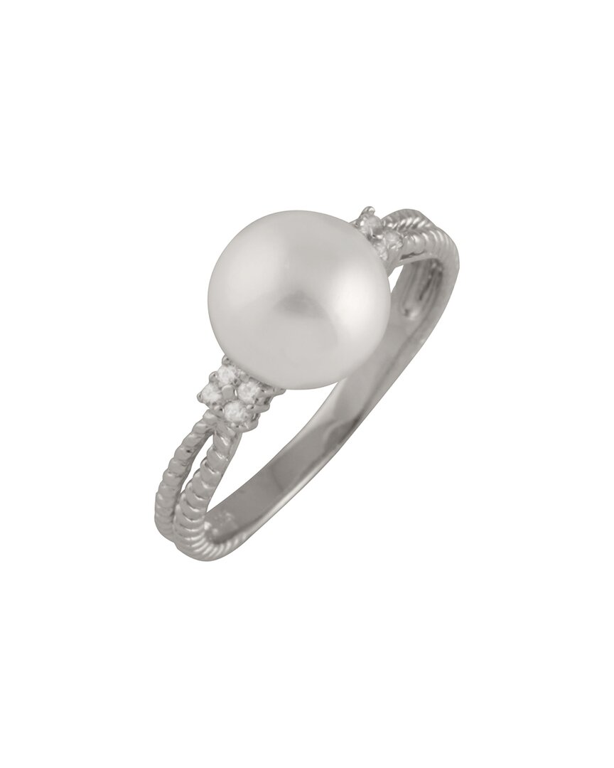 Splendid Pearls Rhodium Plated 8.5-9mm Pearl Cz Ring