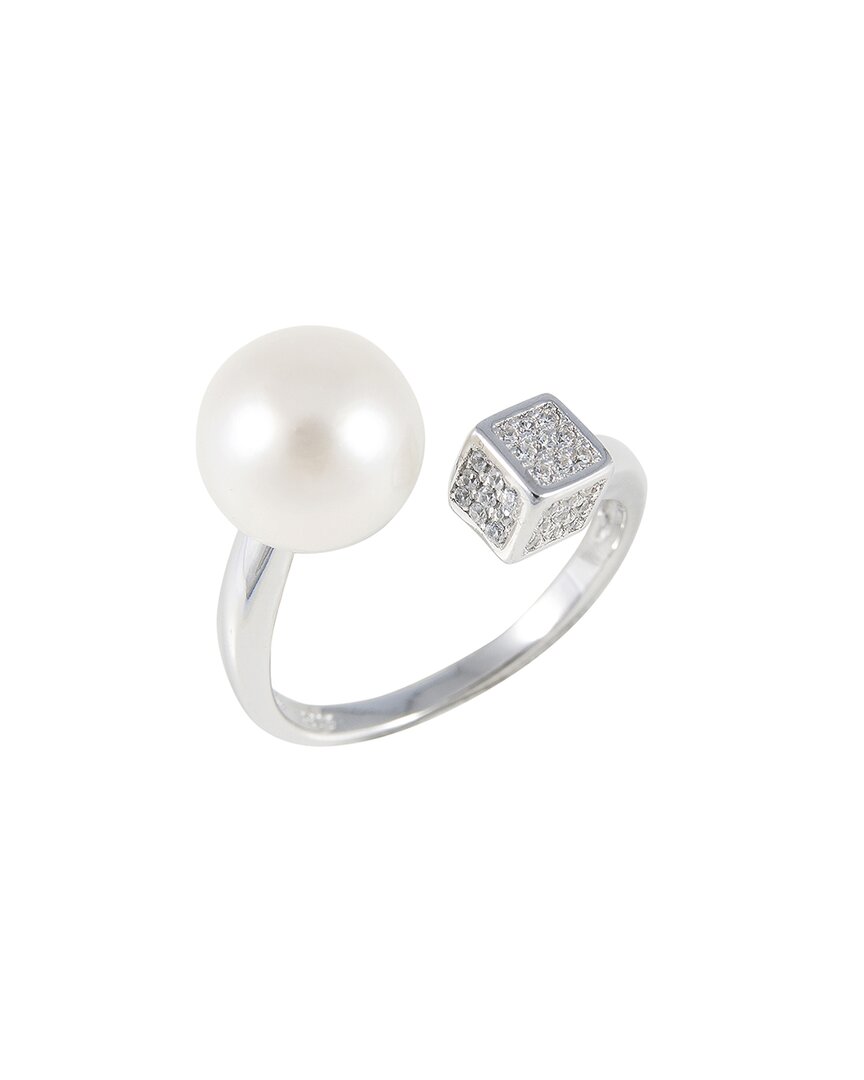 Splendid Pearls Splendid Pearl Rhodium Plated 9-10mm Pearl Cz Ring
