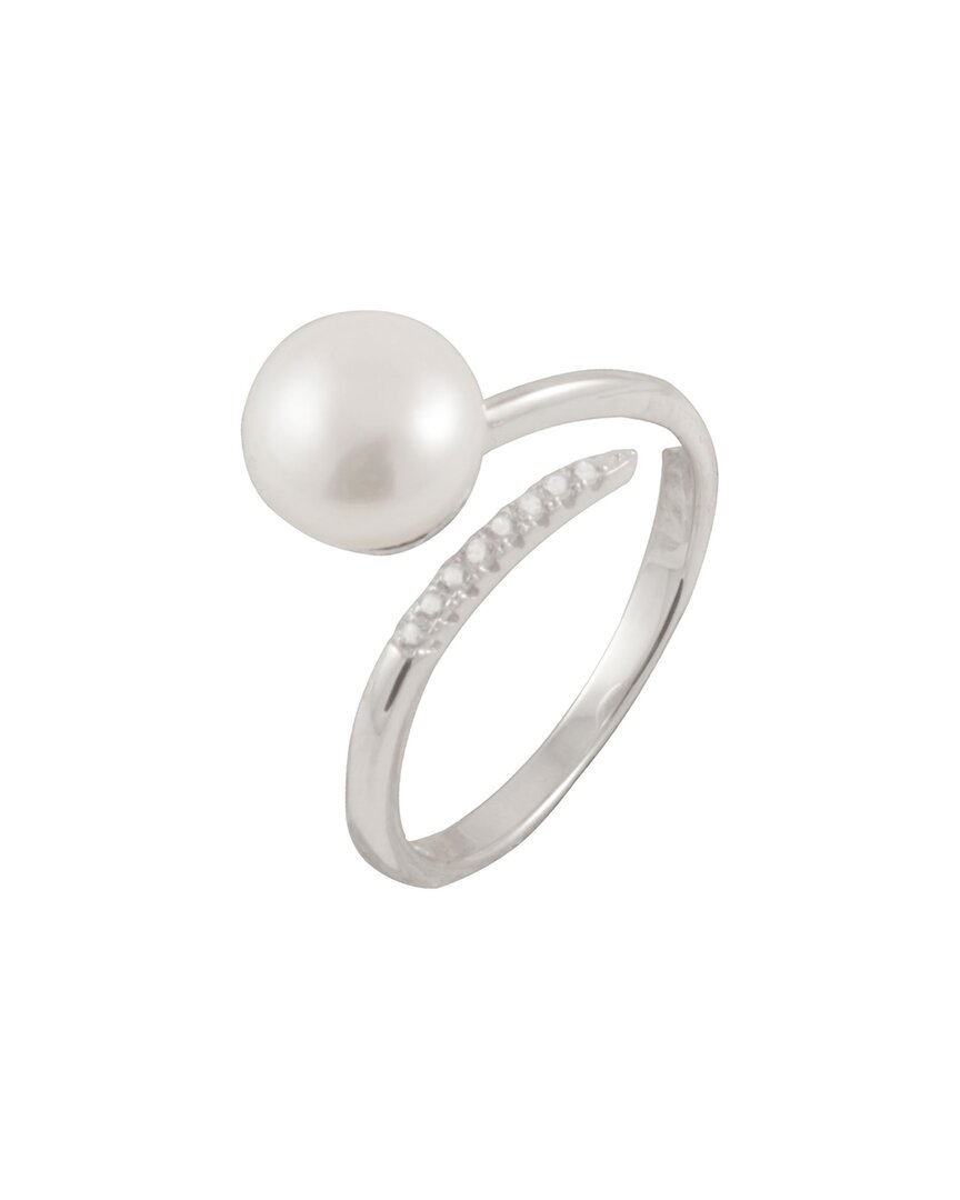 Splendid Pearls Rhodium Plated 10-10.5mm Pearl Cz Ring