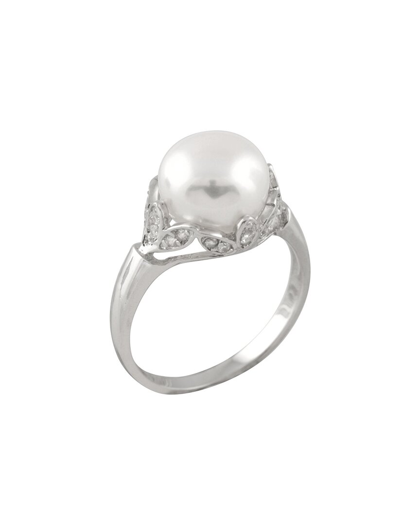 Splendid Pearls Rhodium Plated 9-10mm Pearl Cz Ring