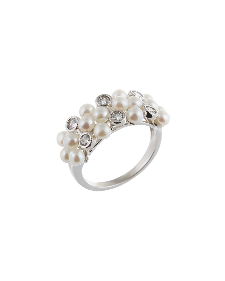 Splendid Pearls Rhodium Plated 3-4mm Pearl Cz Ring