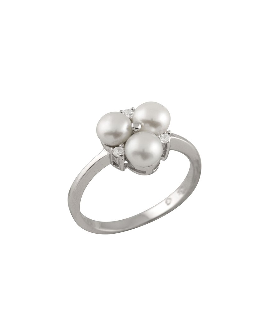 Splendid Pearls Rhodium Plated 5-5.5mm Pearl Cz Ring