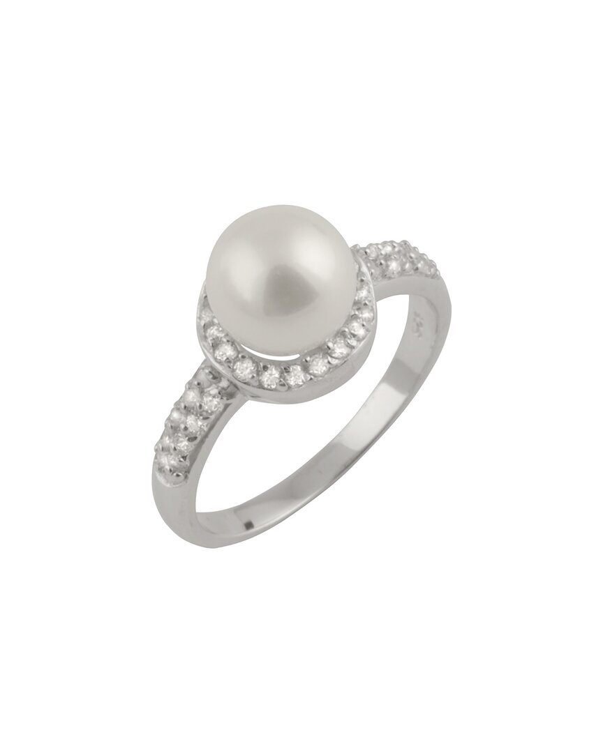 Splendid Pearls Rhodium Plated 7.5-8mm Pearl Cz Ring