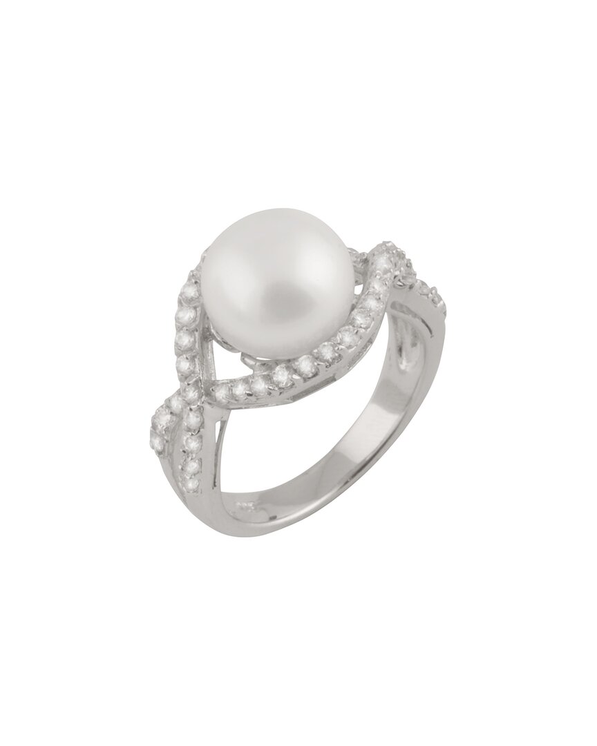 Splendid Pearls Rhodium Plated 9-10mm Pearl Cz Ring