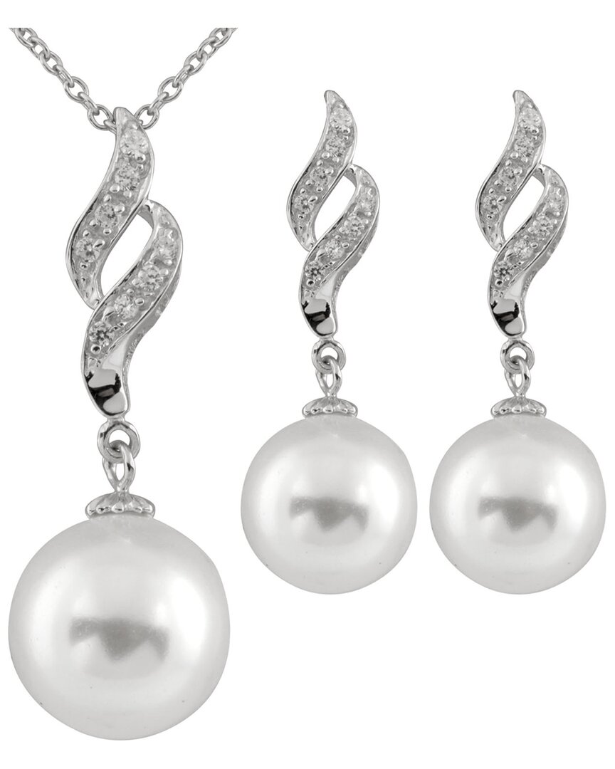 Splendid Pearls Rhodium Plated 10-13mm Pearl Cz Necklace & Earrings Set