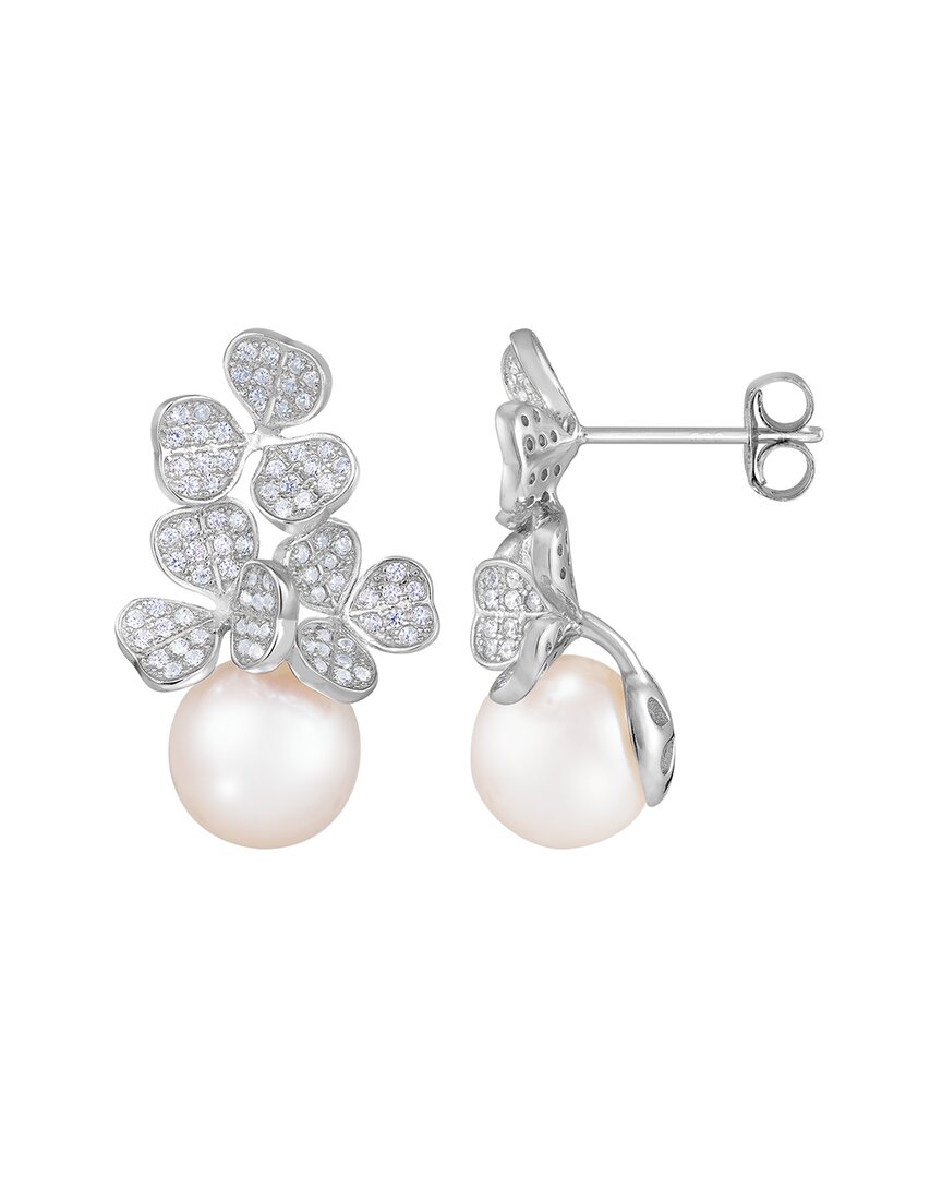 Splendid Pearls Rhodium Plated 8.5-9mm Pearl Cz Earrings