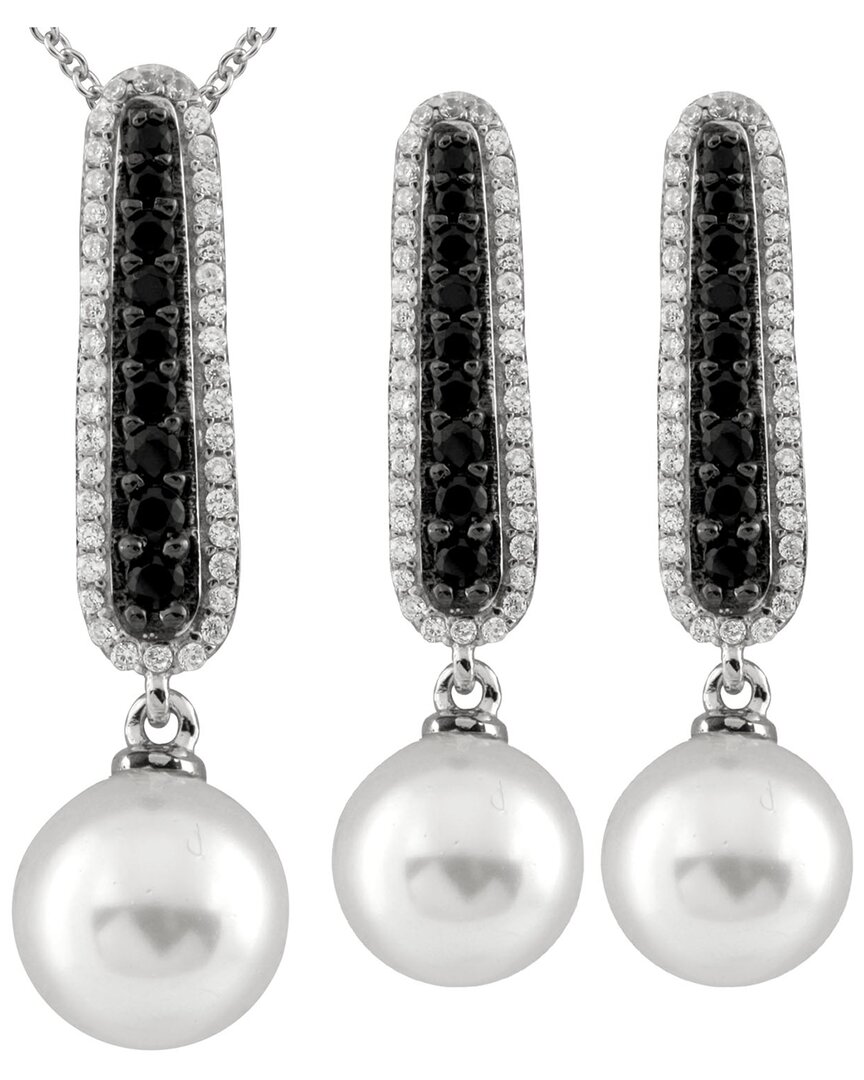 Splendid Pearls Rhodium Plated 10-11m Pearl Cz Necklace & Earrings Set