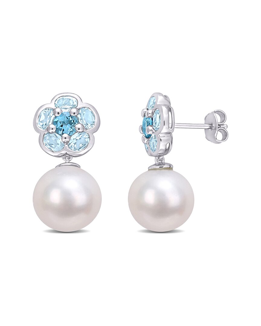 Rina Limor Silver 3.10 Ct. Tw. Blue Topaz 11-12mm Pearl Earrings