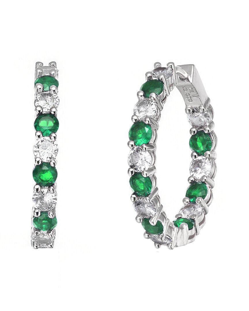 Rachel Glauber White Gold Plated With Colored Cubic Zirconia Inside Out Hoop Earrings In Green
