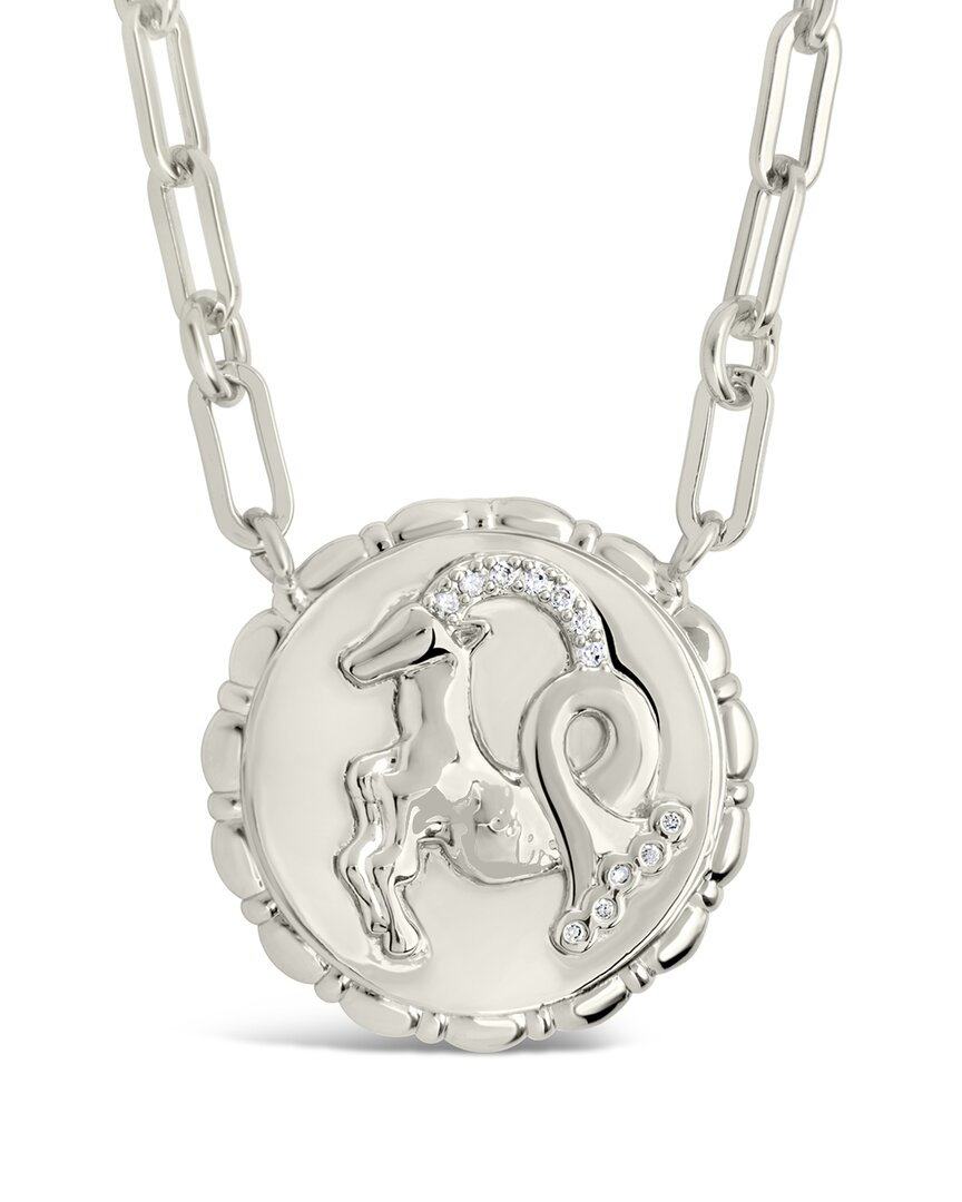 Sterling Forever Rhodium Plated Cz Bold Link Capricorn Zodiac Necklace In Metallic
