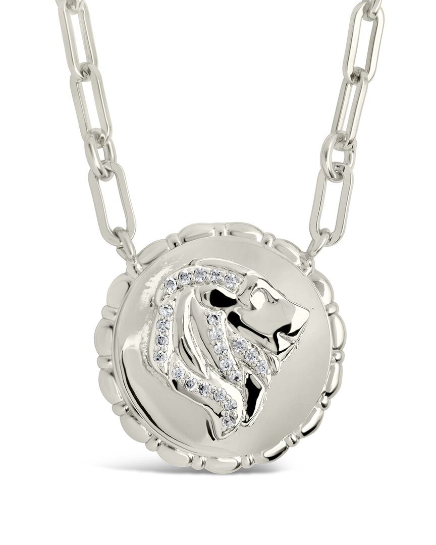 Sterling Forever Rhodium Plated Cz Bold Link Leo Zodiac Necklace In Metallic