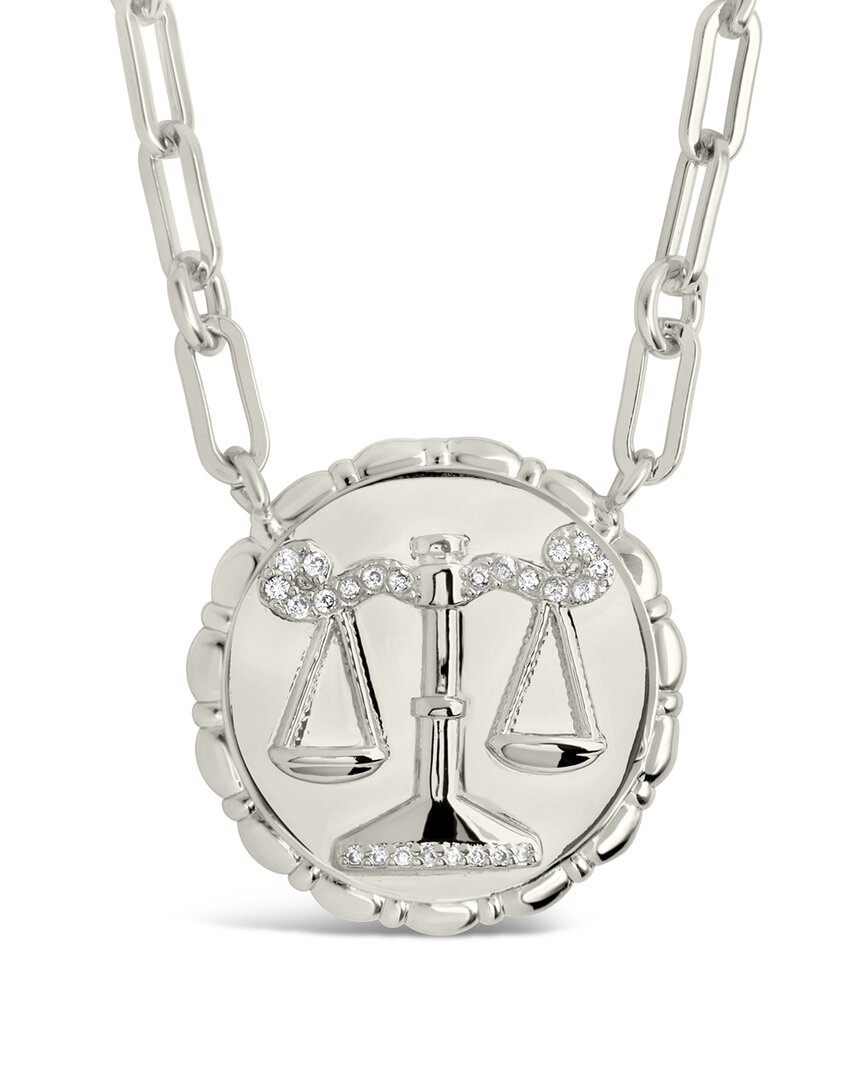Sterling Forever Rhodium Plated Cz Bold Link Libra Zodiac Necklace In Metallic