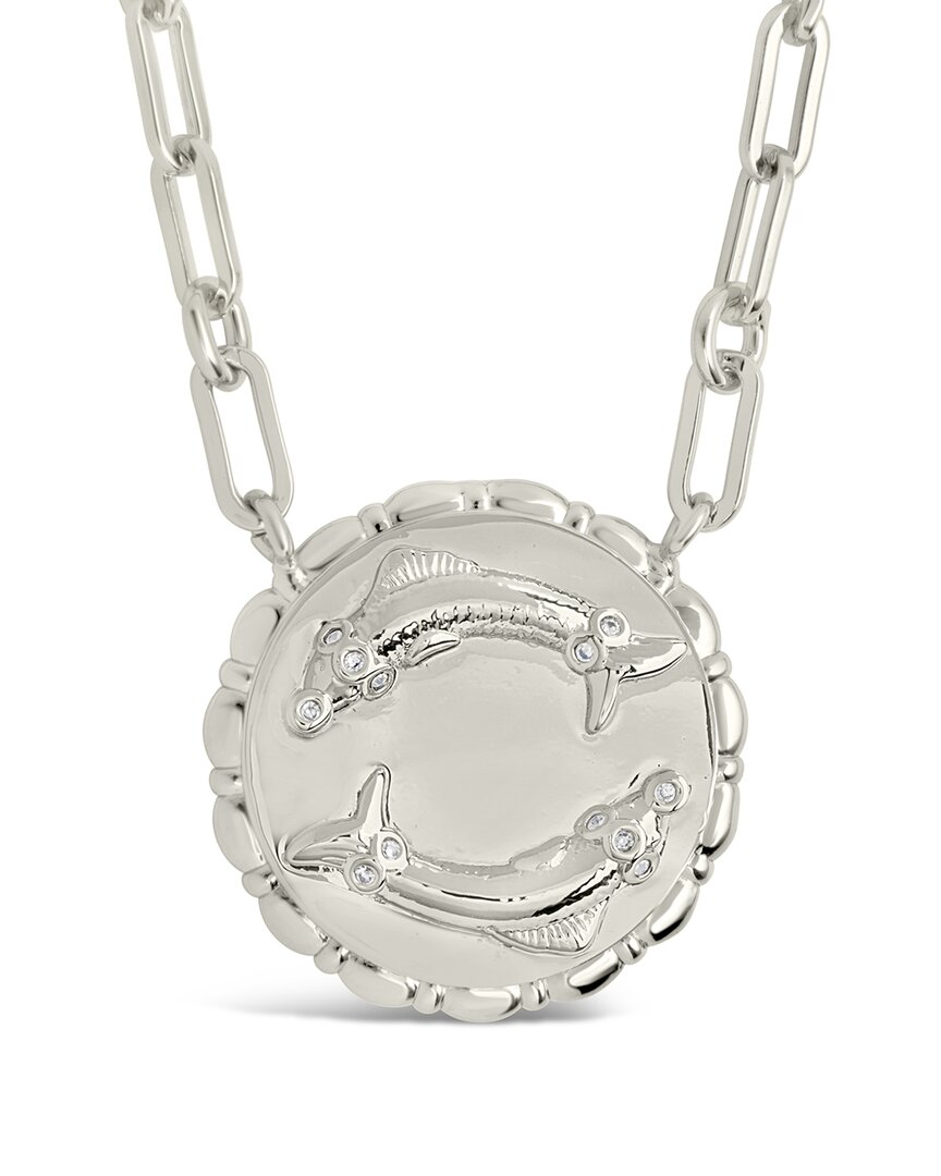 Sterling Forever Rhodium Plated Cz Bold Link Pisces Zodiac Necklace In Metallic