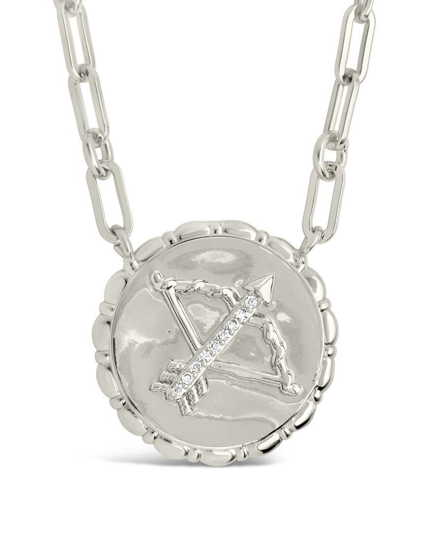 Sterling Forever Rhodium Plated Cz Bold Link Sagittarius Zodiac Necklace In Metallic