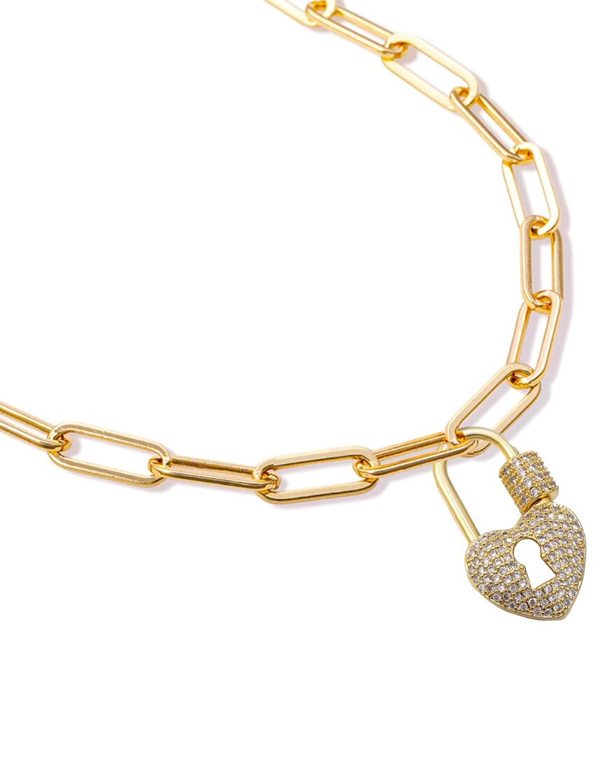 Liv Oliver 18k Plated Cz Heart Embellished Lock Necklace In Gold