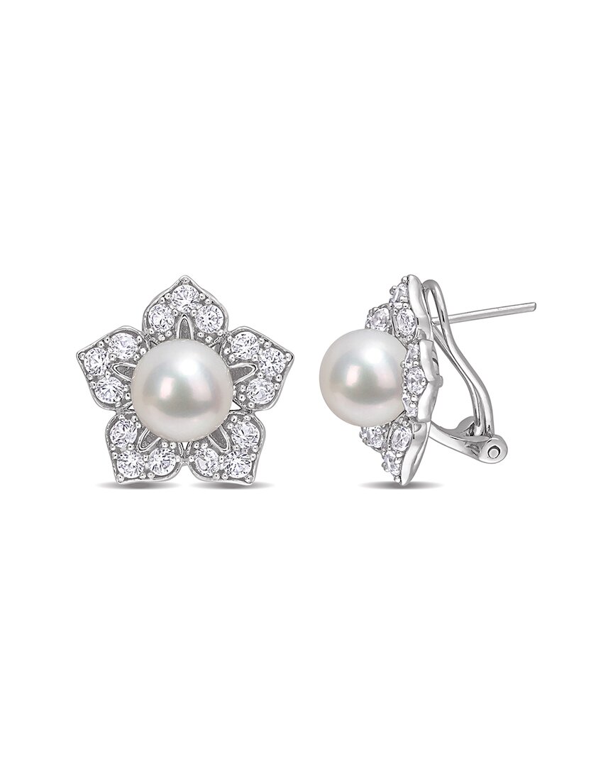 Rina Limor Silver 2.70 Ct. Tw. White Sapphire 8.5-9mm Pearl Earrings