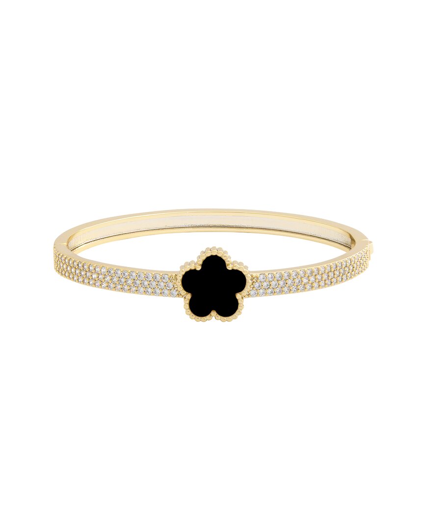 Jankuo Flower 14k Plated Onyx Cz Bangle Bracelet In Gold