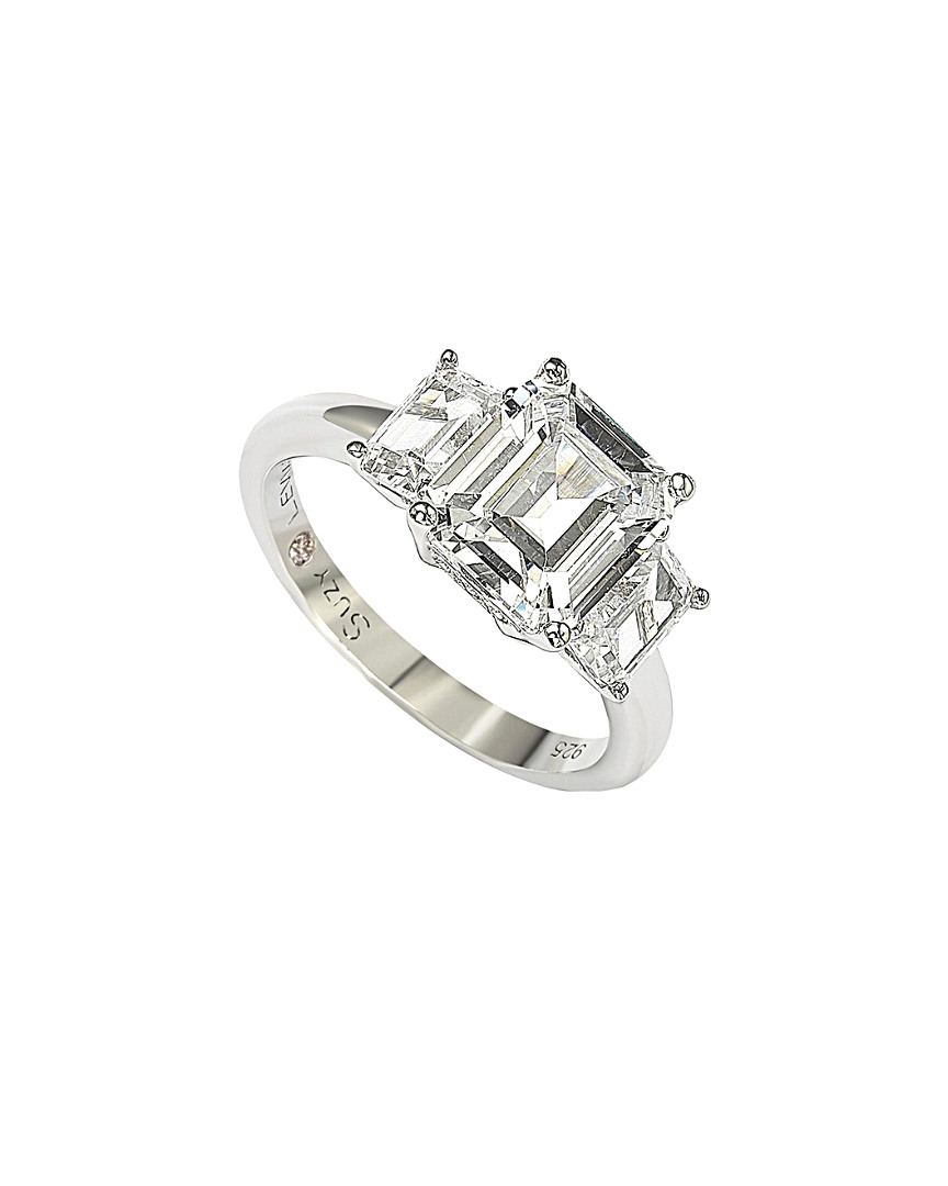 Suzy Levian Sterling Silver Emerald Cut 3.50cttw Cubic Zirconia 3-stone Engagement Ring