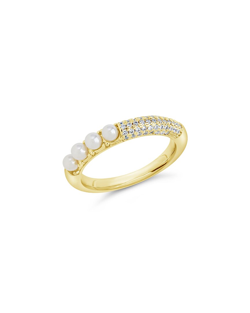 Sterling Forever 14k Plated 2-3mm Pearl Cz Evelyn Half-eternity Ring