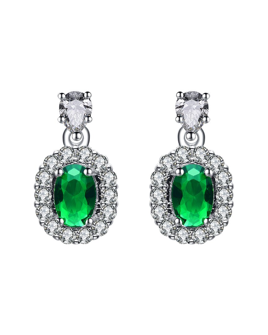 Rachel Glauber Rhodium Plated Cz Drop Earrings In Green