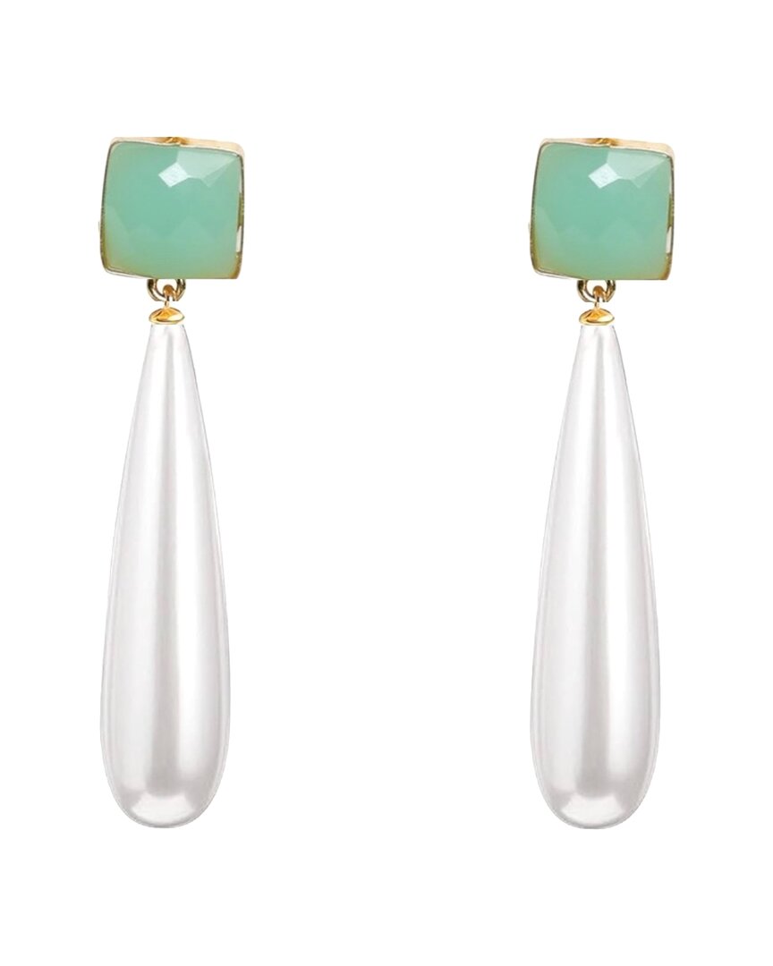Liv Oliver 18k Plated 35.00 Ct. Tw. Sea Green Chalcedony & 10x30mm Pearl Drop Earrings