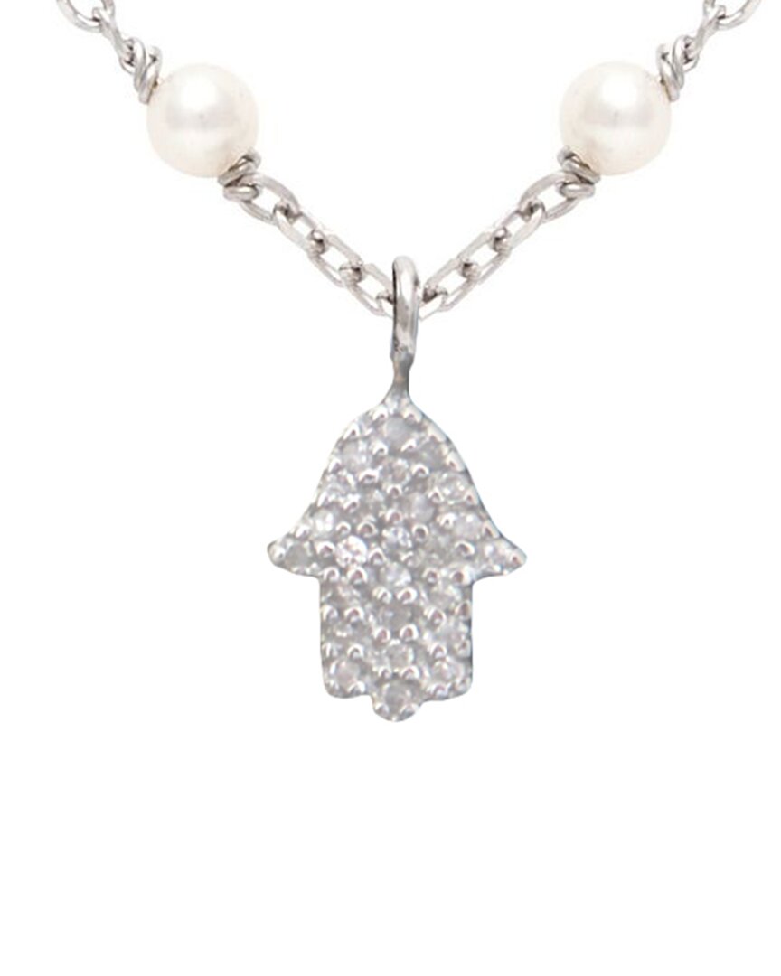 Jane Basch Silver 0.15 Ct. Tw. Diamond 2mm Pearl Hamsa Necklace