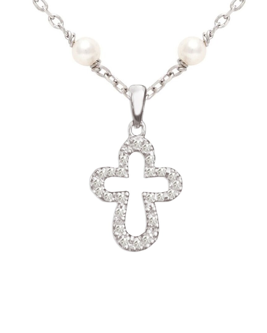 Jane Basch Silver 0.12 Ct. Tw. Diamond 2mm Pearl Cross Necklace