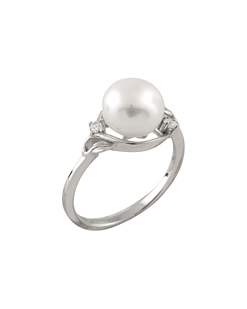 Splendid Pearls Rhodium Plated 8-8.5mm Pearl & Cz Ring In Metallic