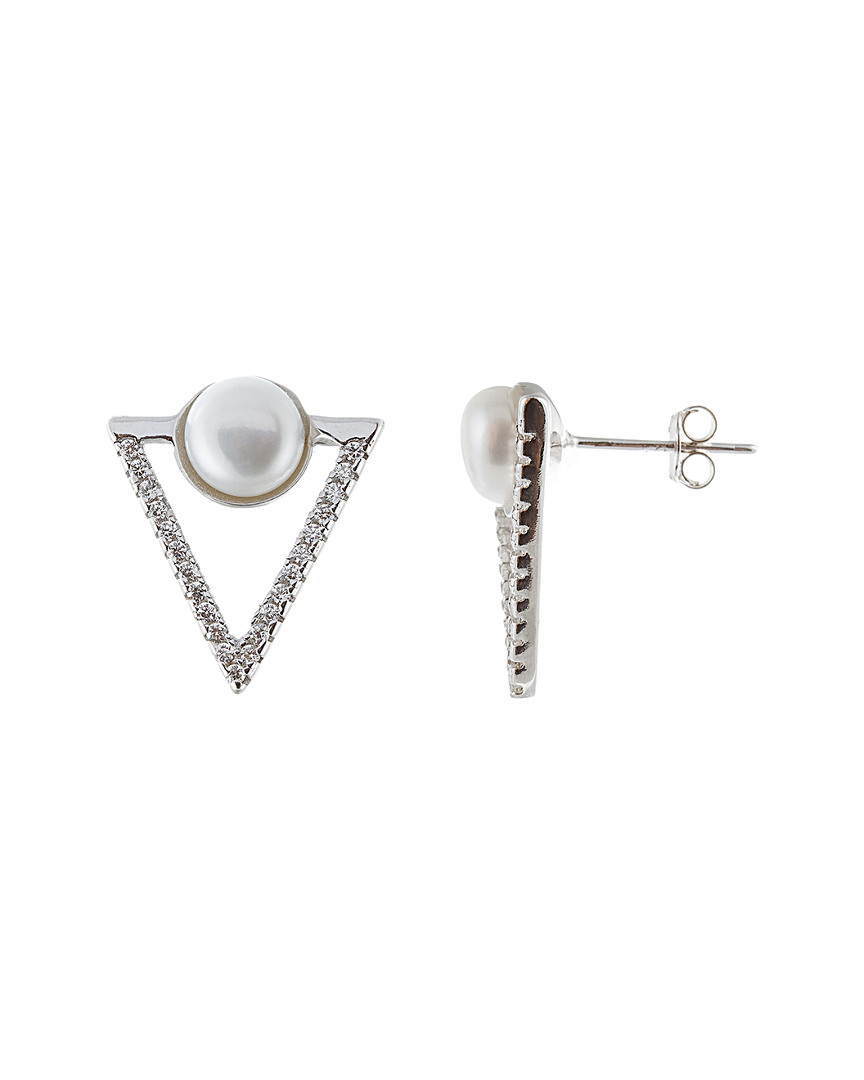 Splendid Pearls Rhodium Plated 7-7.5mm Pearl & Cz Triangle Earrings