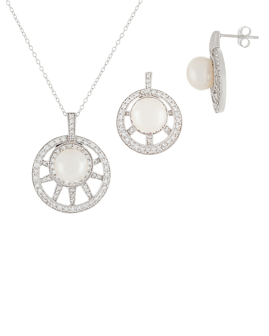 Splendid Pearls Rhodium Plated 7.5-8mm Pearl & Cz Necklace & Earrings Set