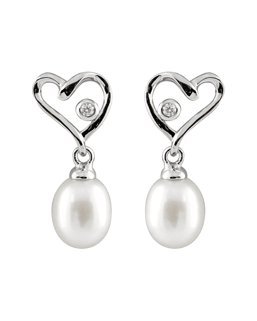 Splendid Pearls Silver 7-7.5mm Pearl & Cz Earrings
