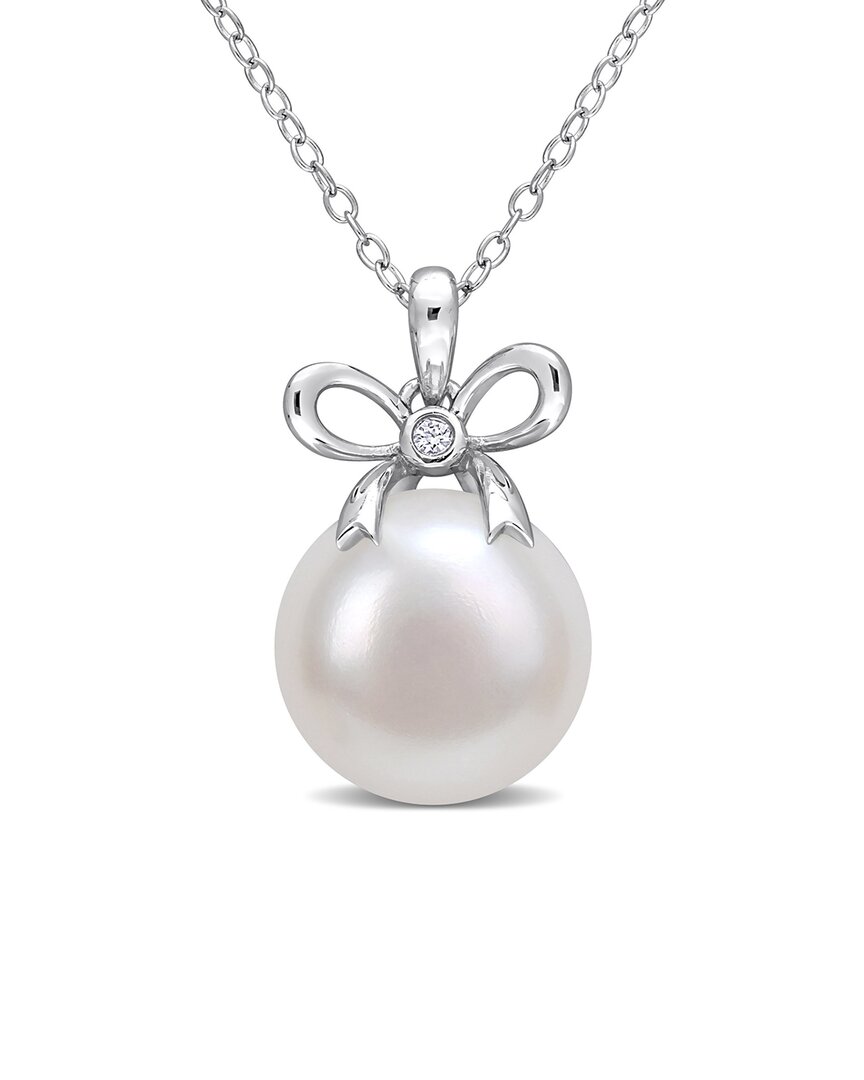 Rina Limor Silver White Sapphire 12-12.5mm Pearl Bow Pendant Necklace