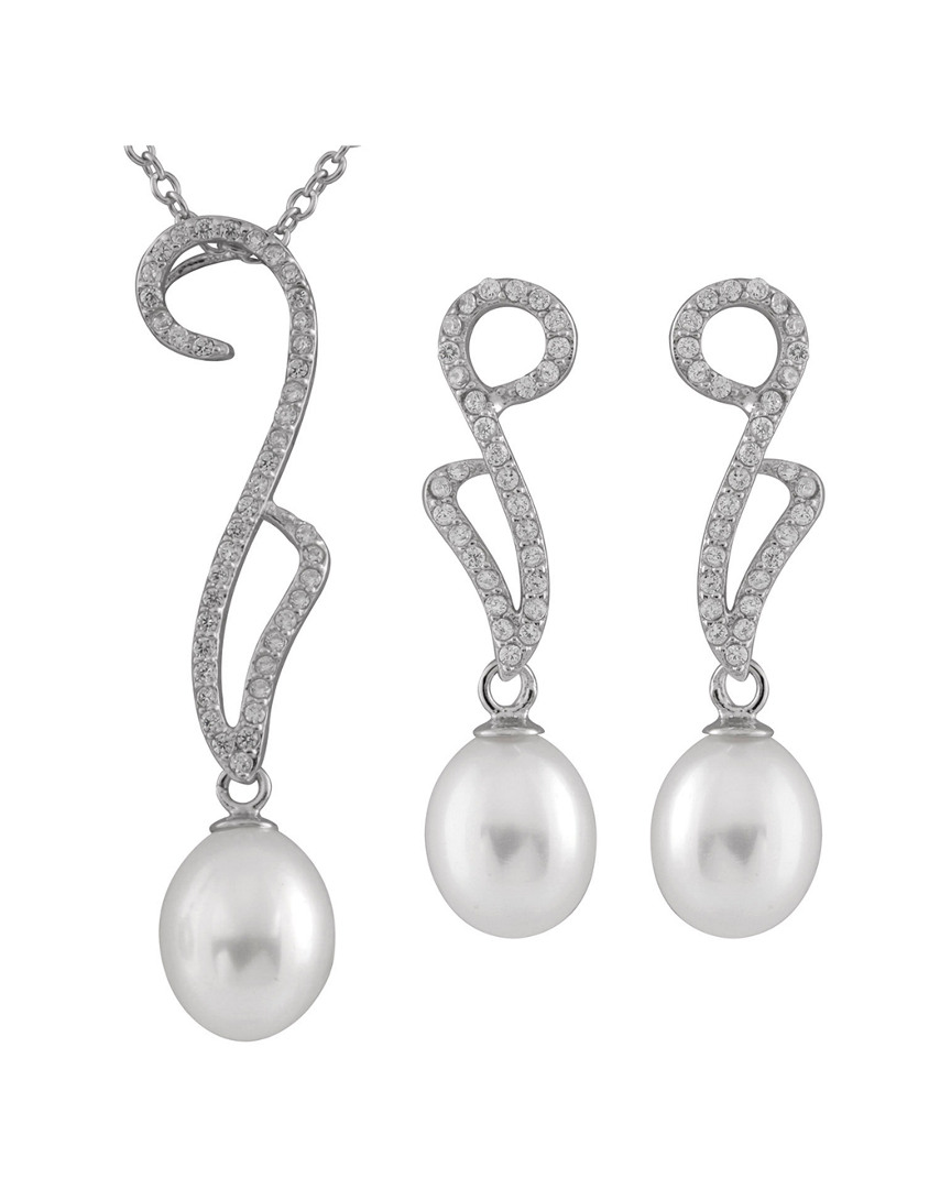 Splendid Pearls Rhodium Plated Silver 7-8mm Pearl Drop Earrings & Necklace Set