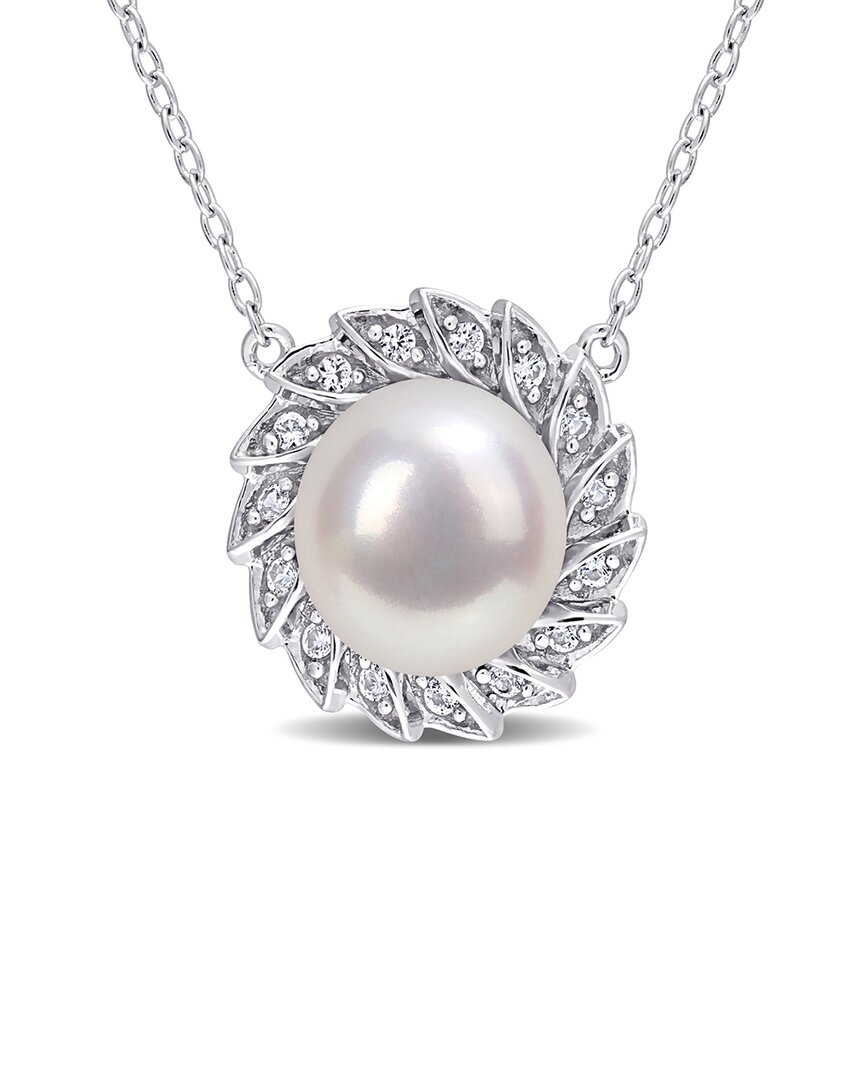 Rina Limor Silver 0.15 Ct. Tw. White Sapphire 9.5-10mm Pearl Necklace