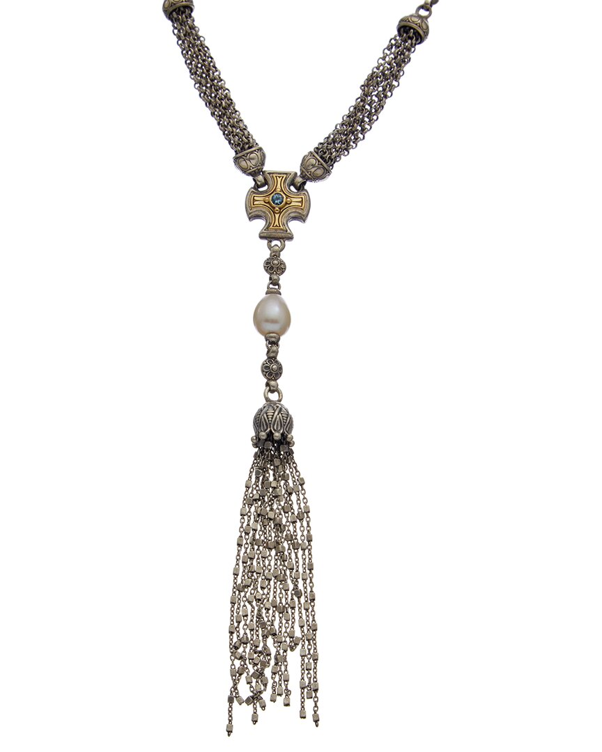 Konstantino Kleos 18k & Silver 0.03 Ct. Tw. Aqua & 5-9mm Pearl Necklace In Gray