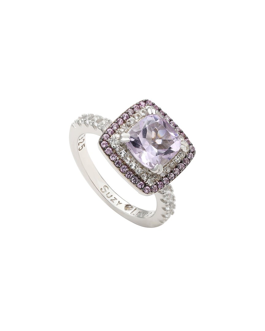 Suzy Levian Silver 0.02 Ct. Tw. Diamond & Gemstone Double Halo Ring In Metallic