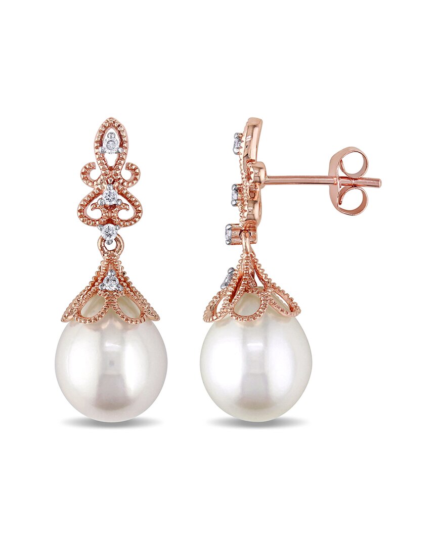 Pearls 14k Rose Gold Diamond 9-9.5mm Pearl Drop Earrings