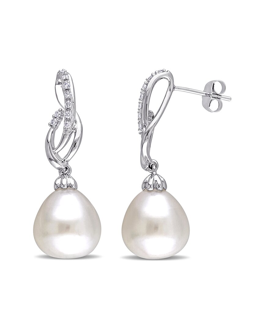 Pearls 14k 0.15 Ct. Tw. Diamond 11-11.5mm Pearl Ribbon Drop Earrings