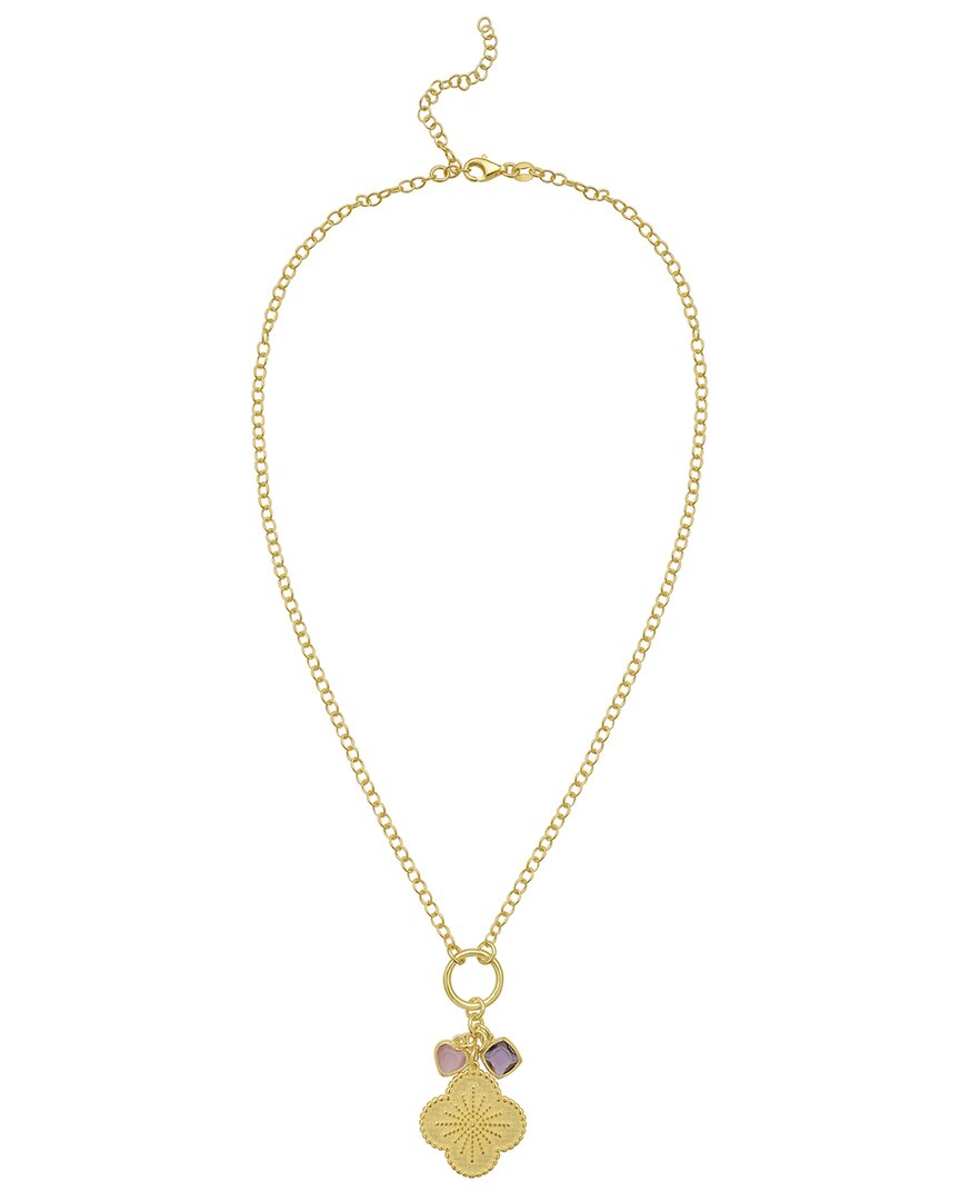 Italian Silver Italian Gold Gold Over Silver Cz & Clover Charms Necklace In Gold