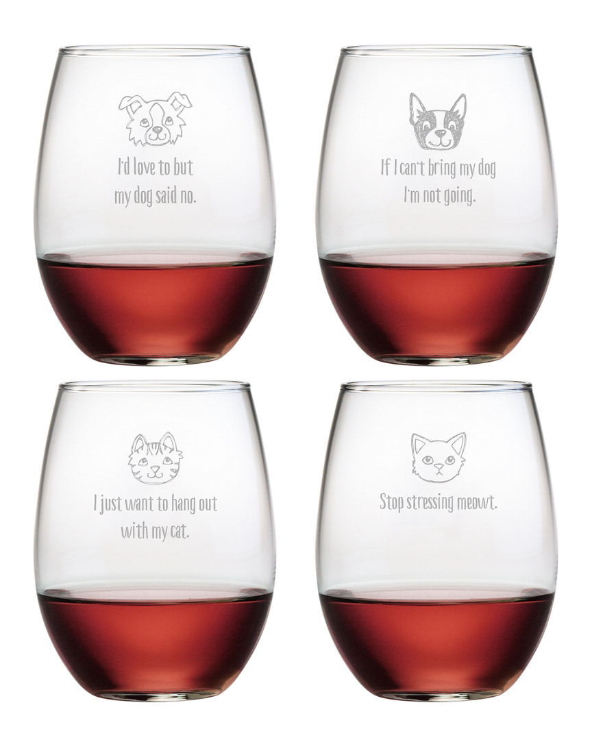 Susquehanna Glass Set Of 4 Cats & Dogs Assortment Stemless Wine Tumblers